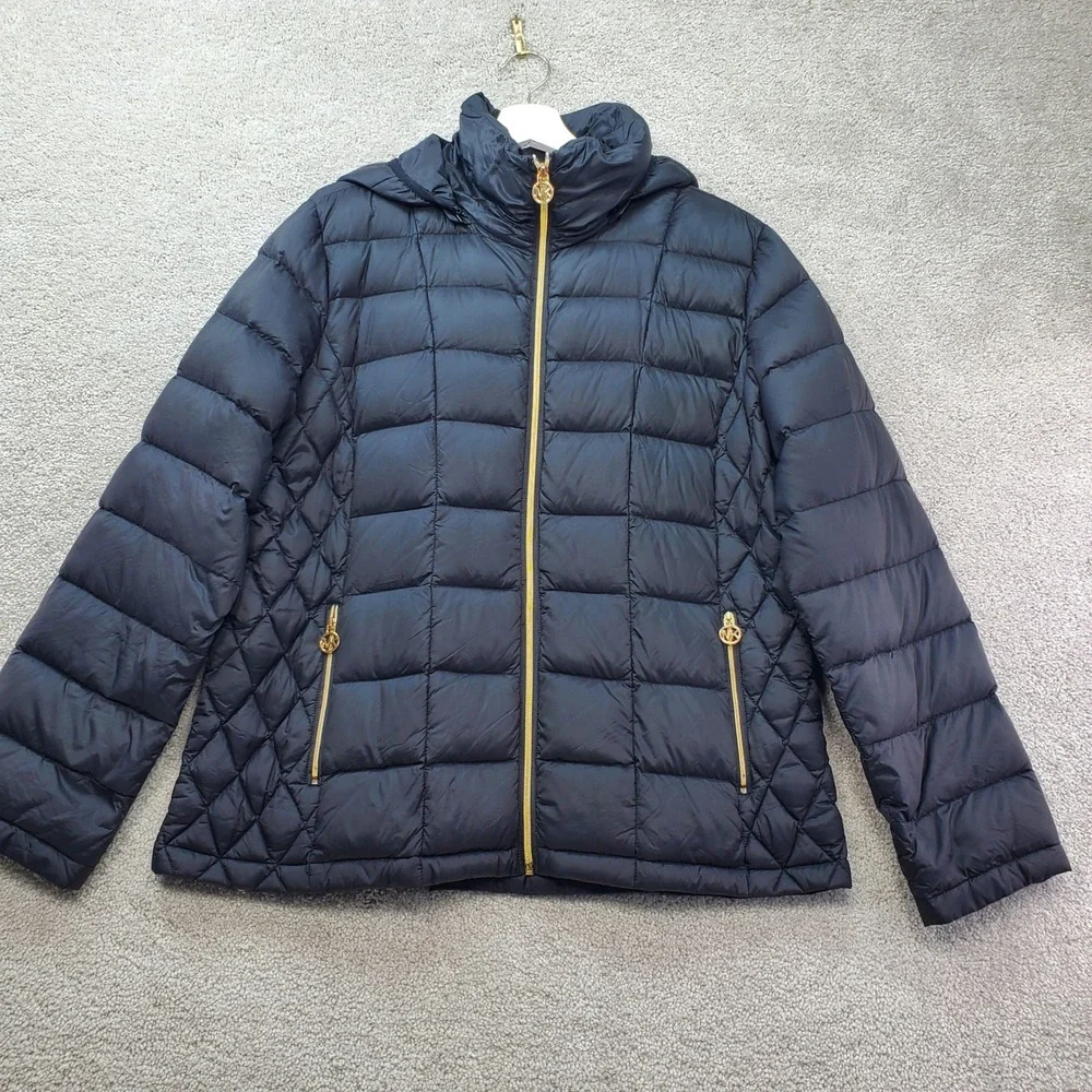 Michael Kors Puffer Jacket Womens XL Black Packable Down Hooded Quilted